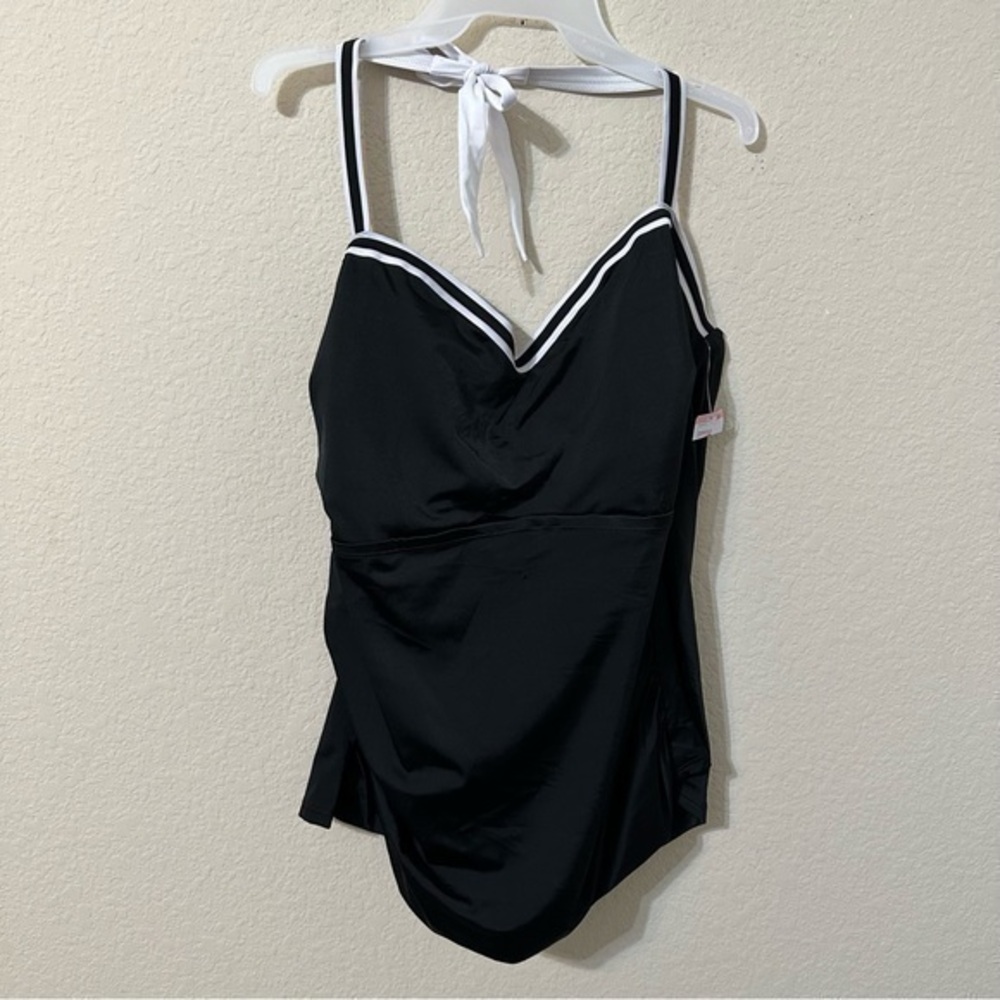 Tropical Escape Tankini Top Black White Trim Halter Neck Tie Swimsuit Top NWT